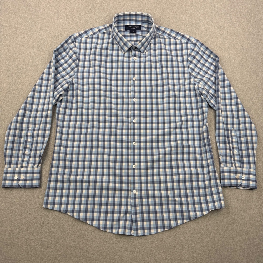 Mizzen+Main Leeward Dress Shirt Mens XXL Blue Gingham Check Trim Fit Stretch